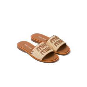 Miu Miu Logo Raffia Slide Sandal – Beige/Cognac