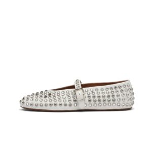 Alaïa Studded Leather Mary Jane Ballet Flats – White & Silver
