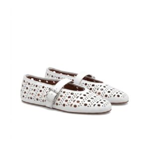 Alaïa Laser-Cut Leather Mary Jane Ballet Flats – White