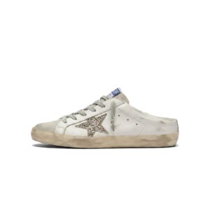 Golden Goose Super-Star Sabot with a platinum glitter star and suede tongue